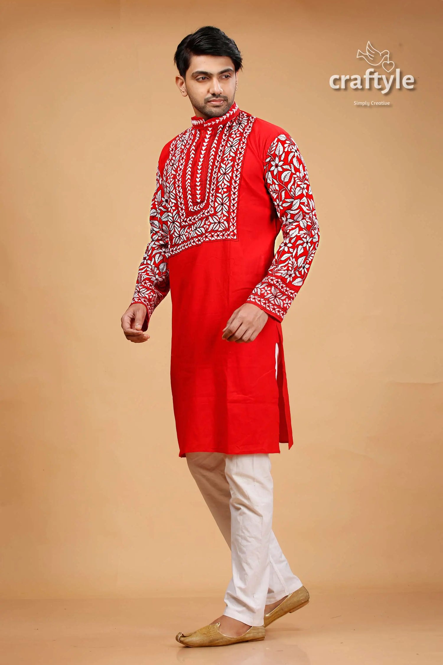 Crimson red kantha stitch cotton kurta for men red embroidered kurta 3