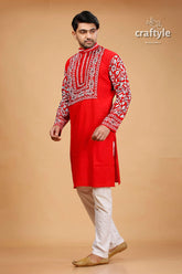 Crimson red kantha stitch cotton kurta for men red embroidered kurta 3