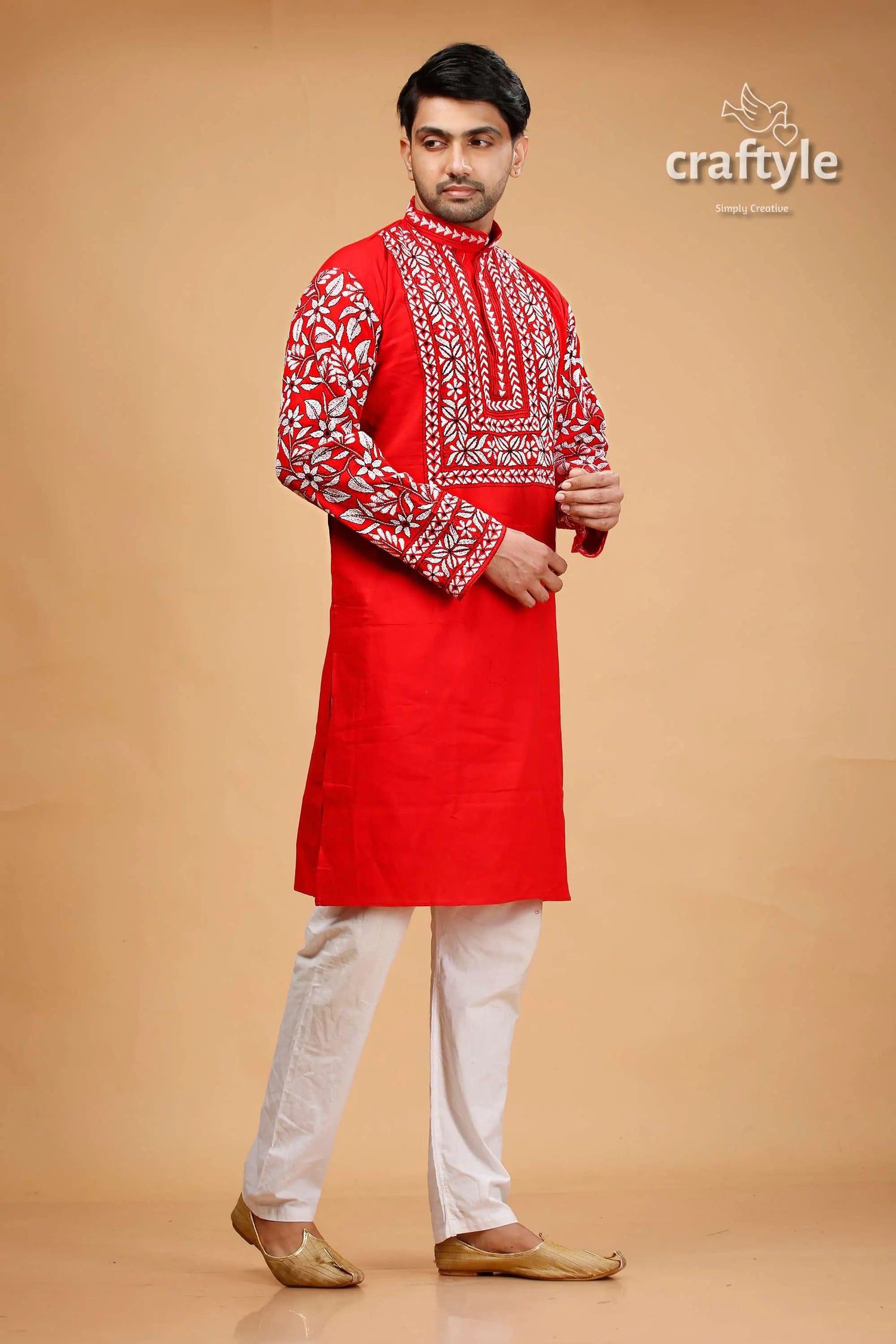 Crimson red kantha stitch cotton kurta for men red embroidered kurta pajama set 4