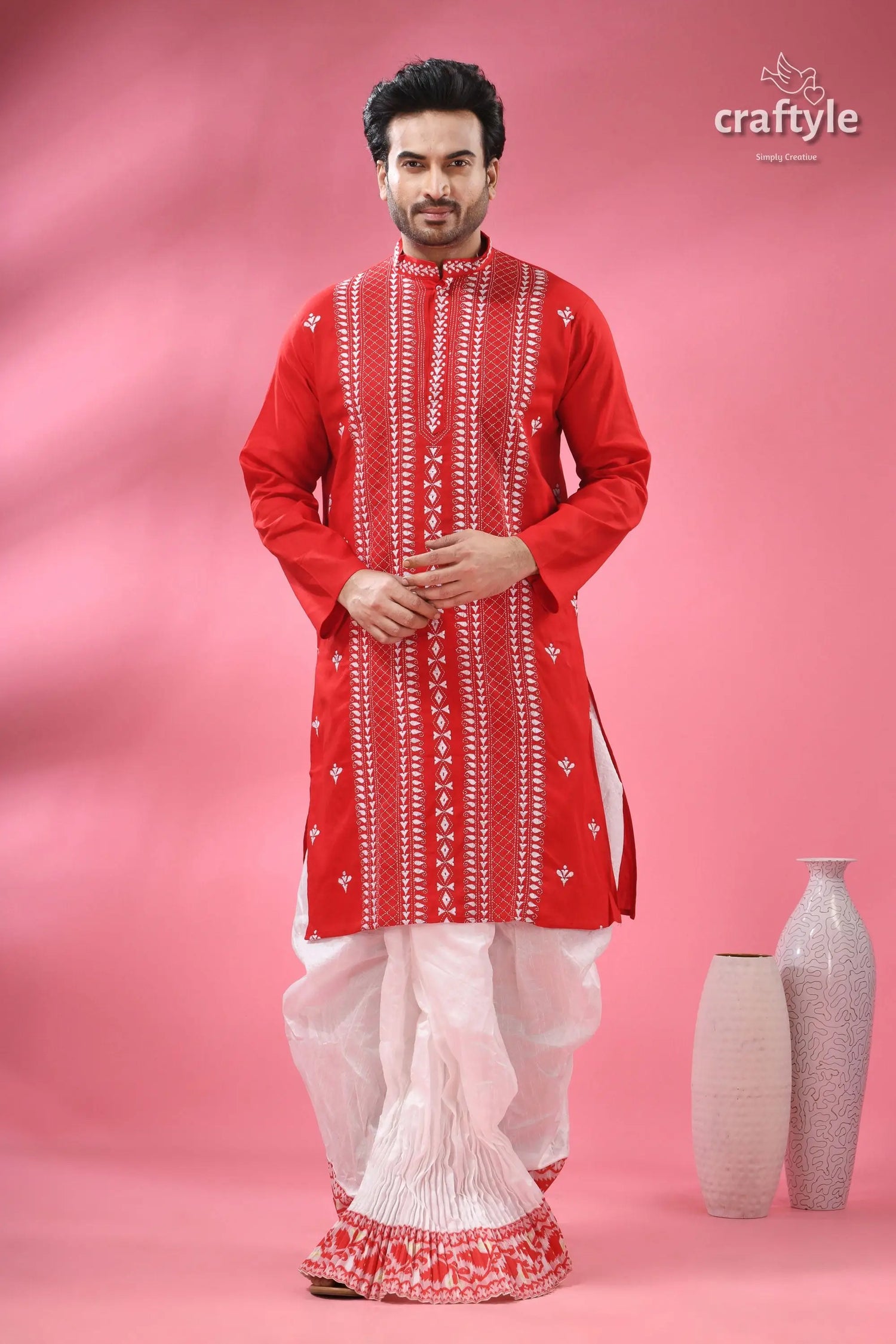 Crimson red kantha stitch cotton kurta for men men’s red embroidered kurta white 4