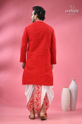 Crimson red kantha stitch cotton kurta for men man’s red kurta white dhoti 7