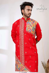 Crimson red kantha work cotton kurta for men red embroidered kurta 2