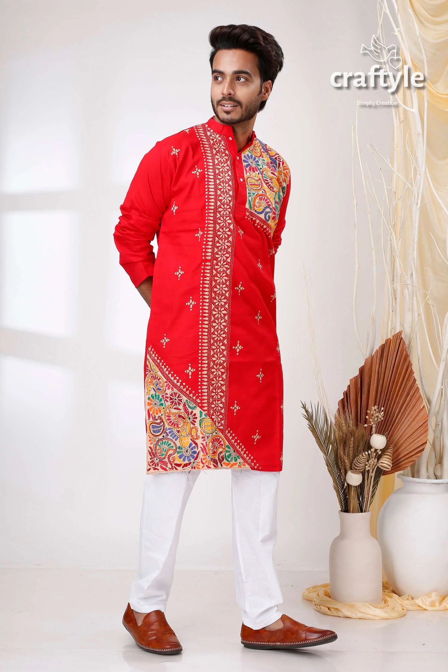 Crimson red kantha work cotton kurta for men red embroidered kurta white pants 3