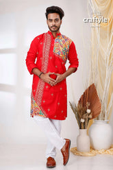 Crimson red kantha work cotton kurta for men red embroidered kurta white pants 1