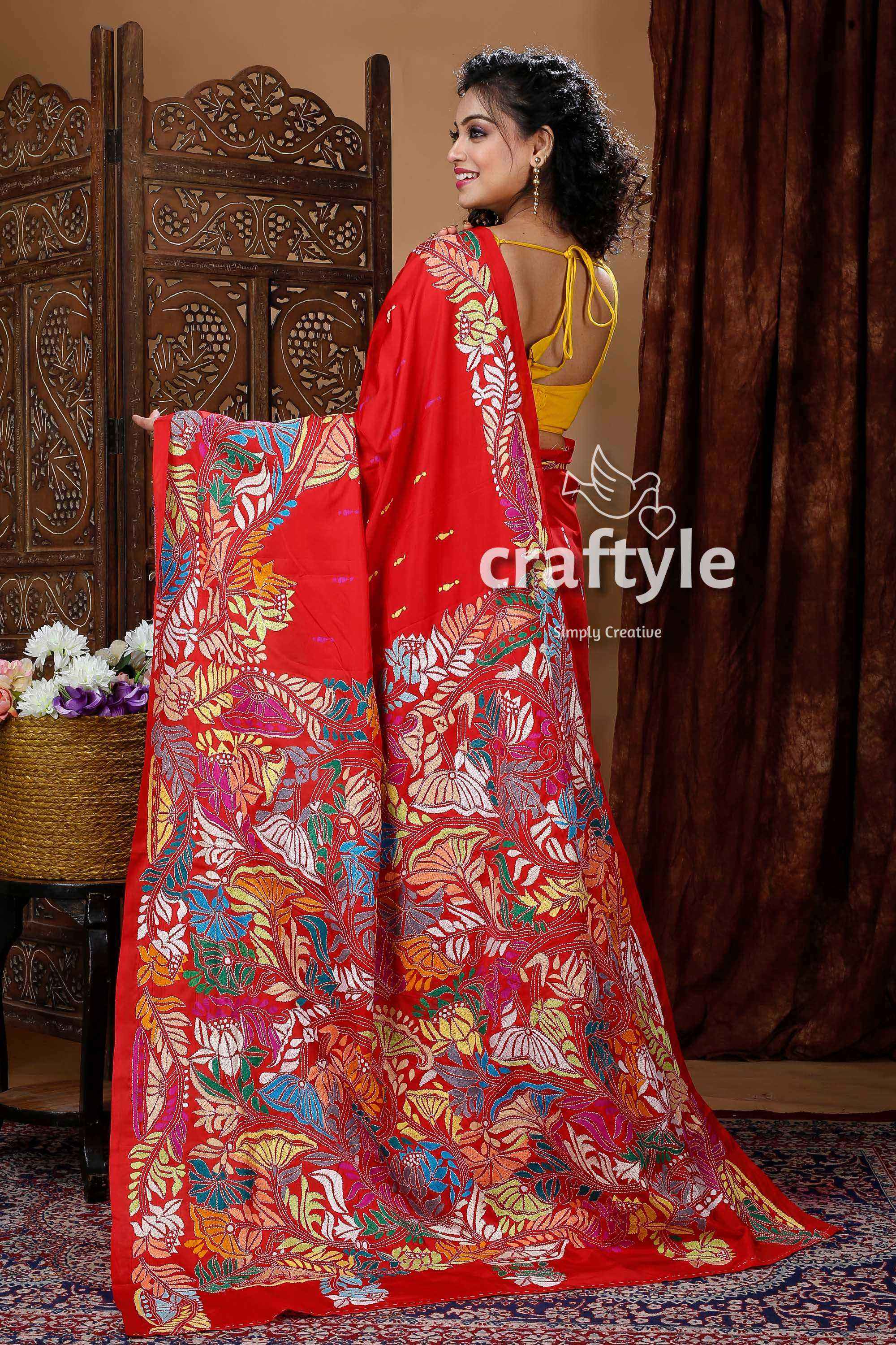 Crimson Red Lotus Design Handmade Silk Kantha Saree-Craftyle