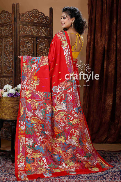 Crimson Red Lotus Design Handmade Silk Kantha Saree-Craftyle