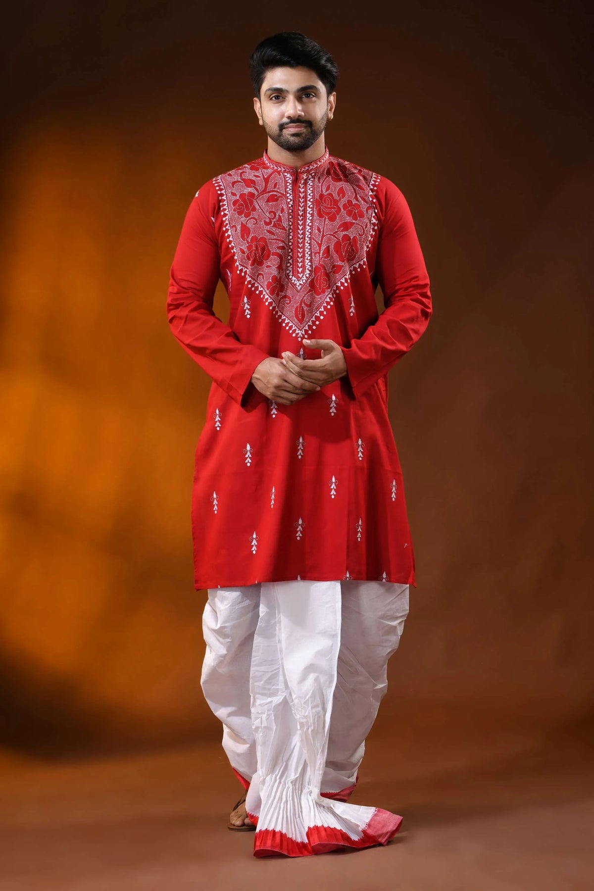 Crimson red rose motif kantha stitch cotton kurta for men - reverse 6