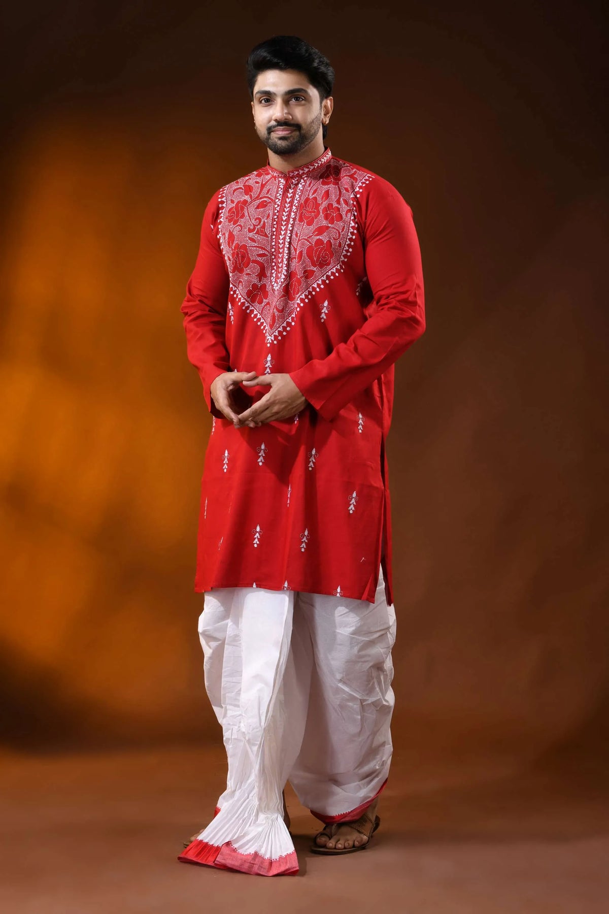 Crimson red rose motif kantha stitch cotton kurta for men - reverse 3