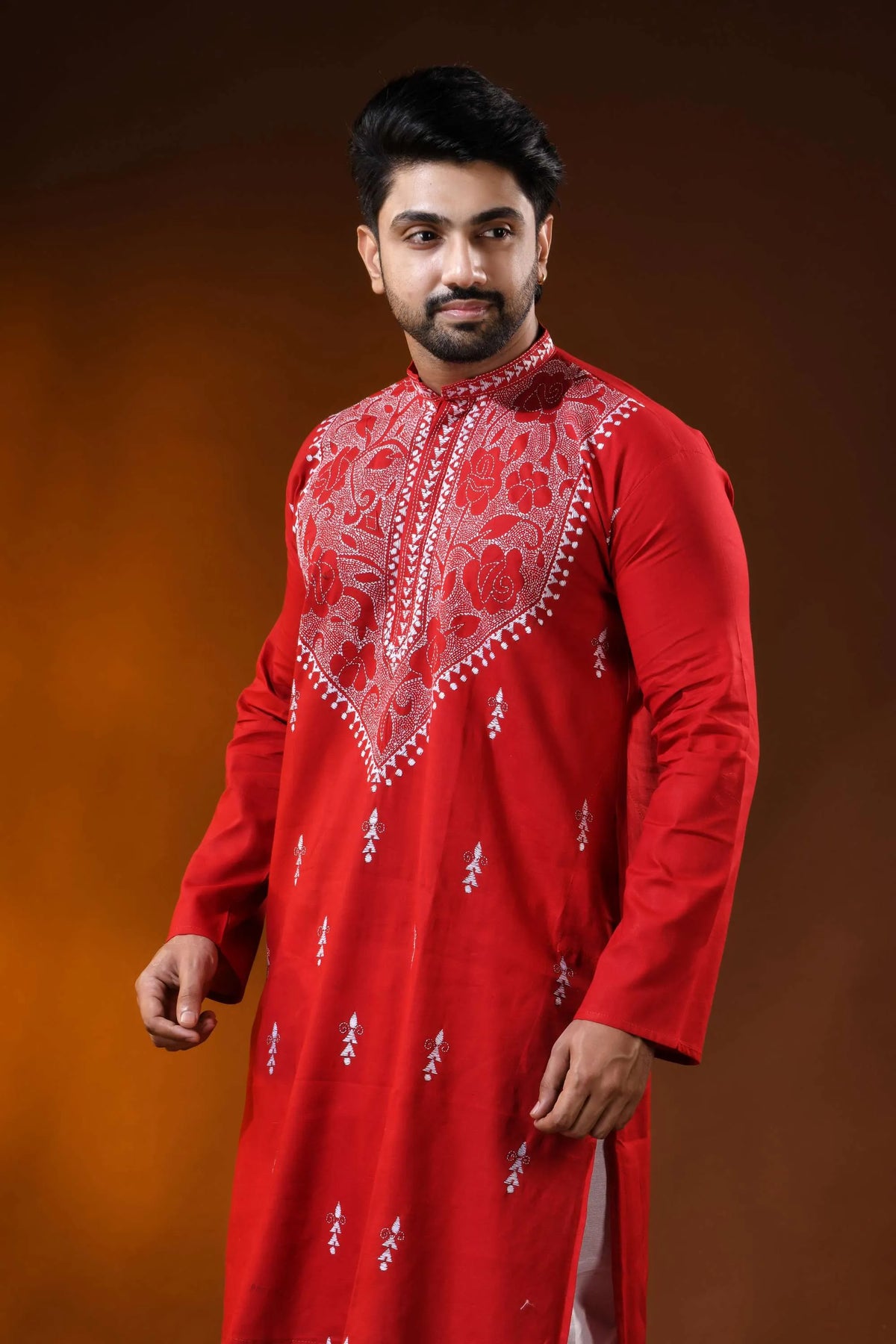 Crimson red rose motif kantha stitch cotton kurta for men - reverse 2
