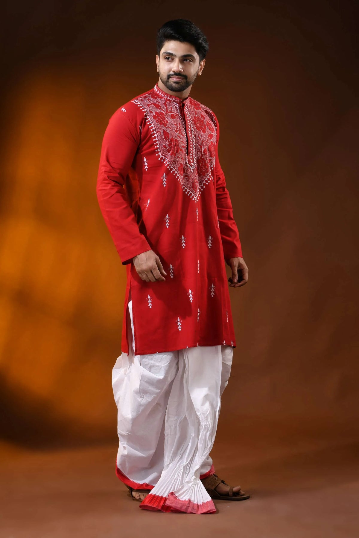Crimson red rose motif kantha stitch cotton kurta for men - reverse 4
