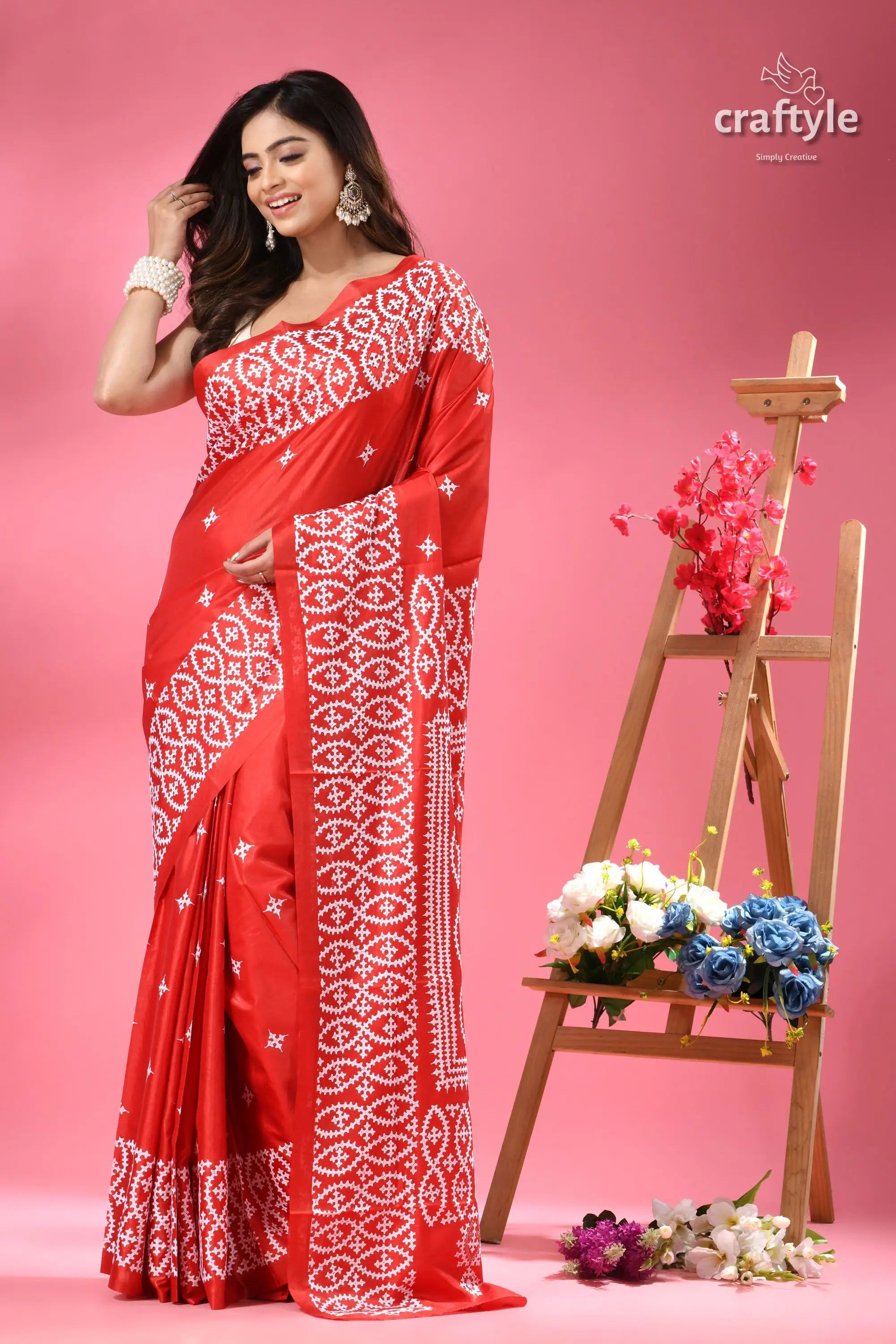 Crimson red silk kutch thread embroidery saree woman vibrant red saree intricate 7