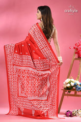 Crimson red silk kutch thread embroidery saree vibrant red saree intricate white 4