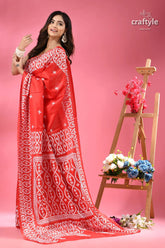 Crimson red silk kutch thread embroidery saree woman red white patterned saree 3