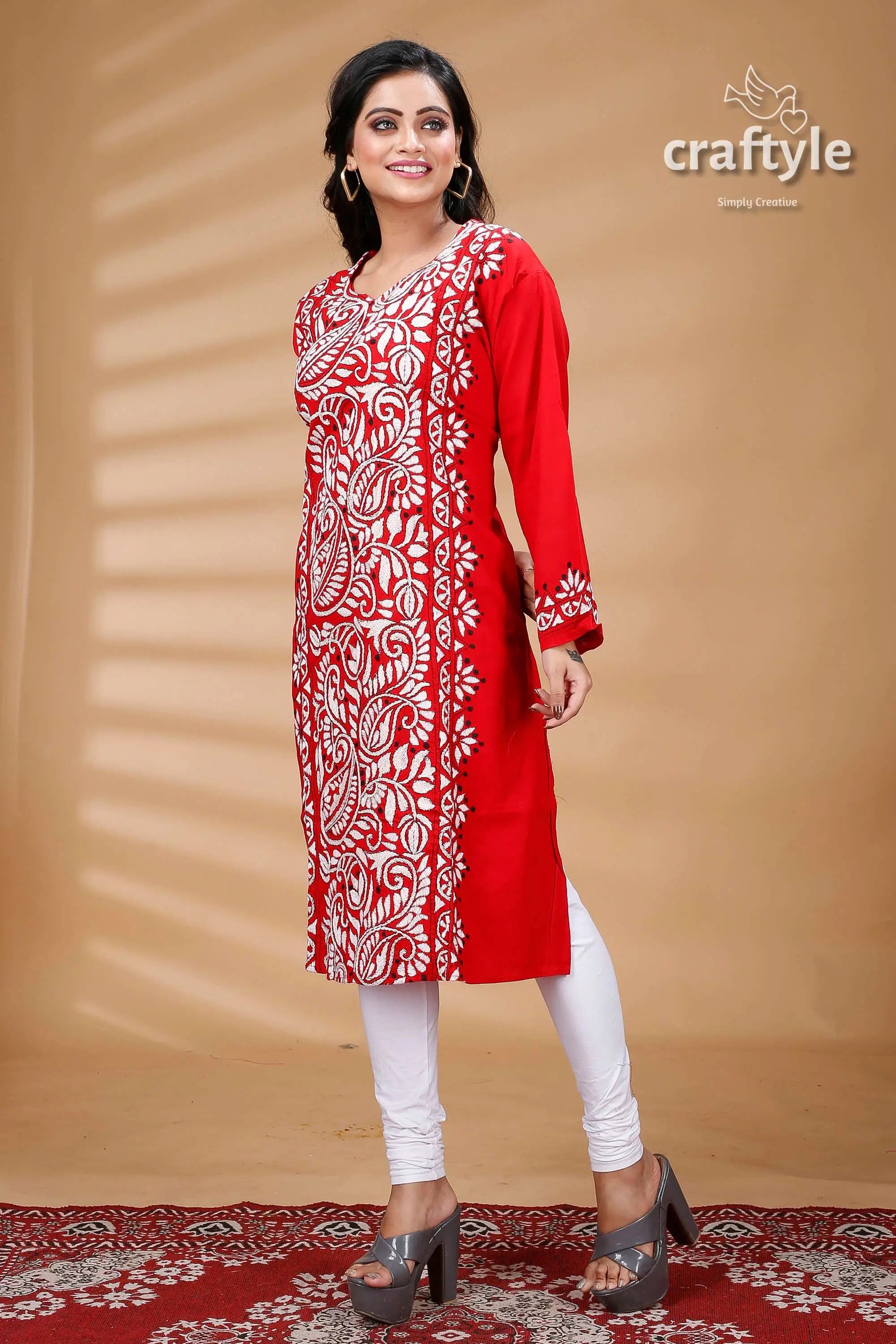 Crimson red white allover thread work cotton kantha kurti red white embroidered tunic 3