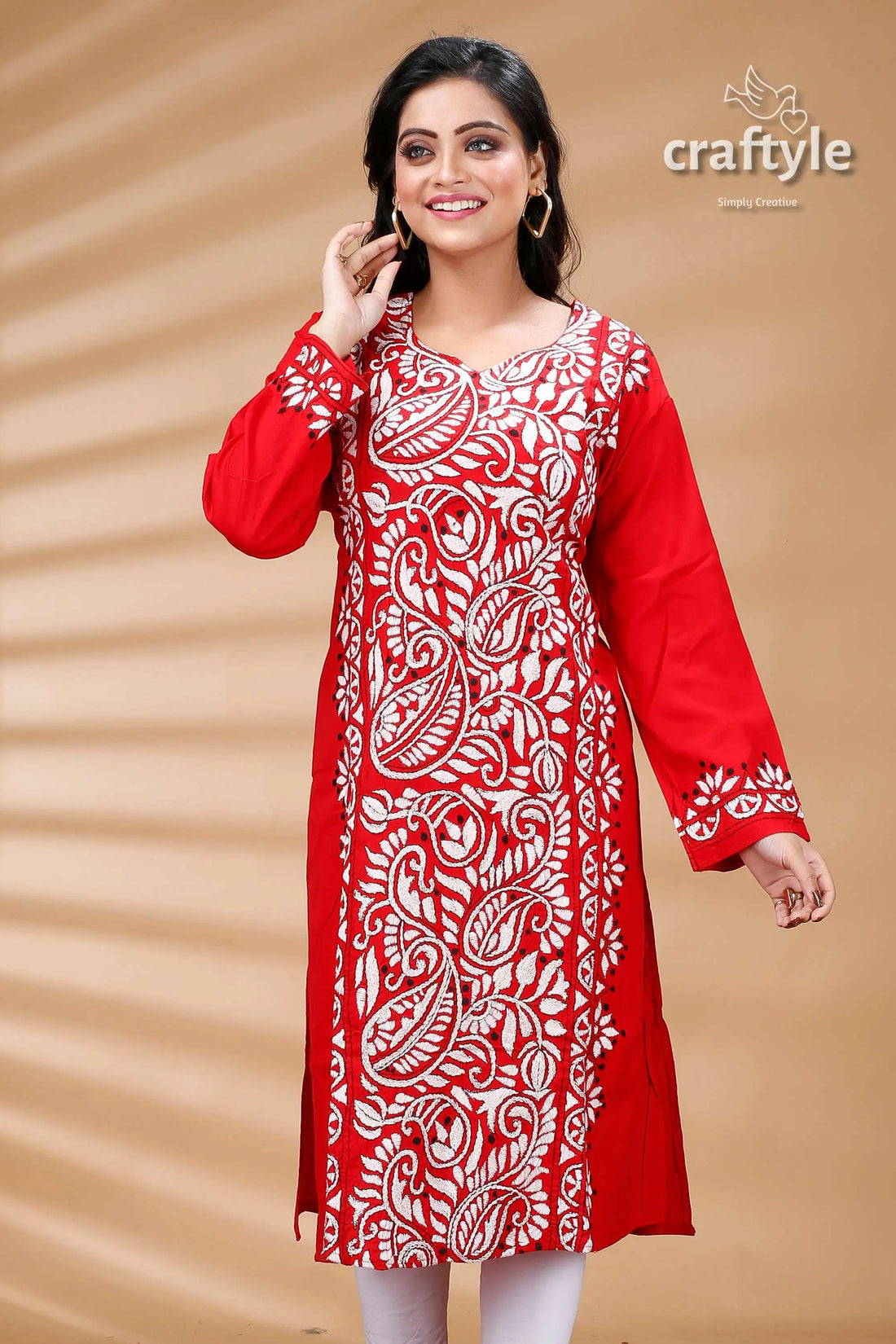 Crimson red white allover thread work cotton kantha kurti red tunic white paisley embroidery 2