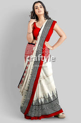 Crimson red white hand block printed mulberry pure silk saree woman red white saree 2