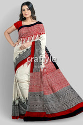 Crimson red white hand block printed mulberry pure silk saree woman red black white saree 4