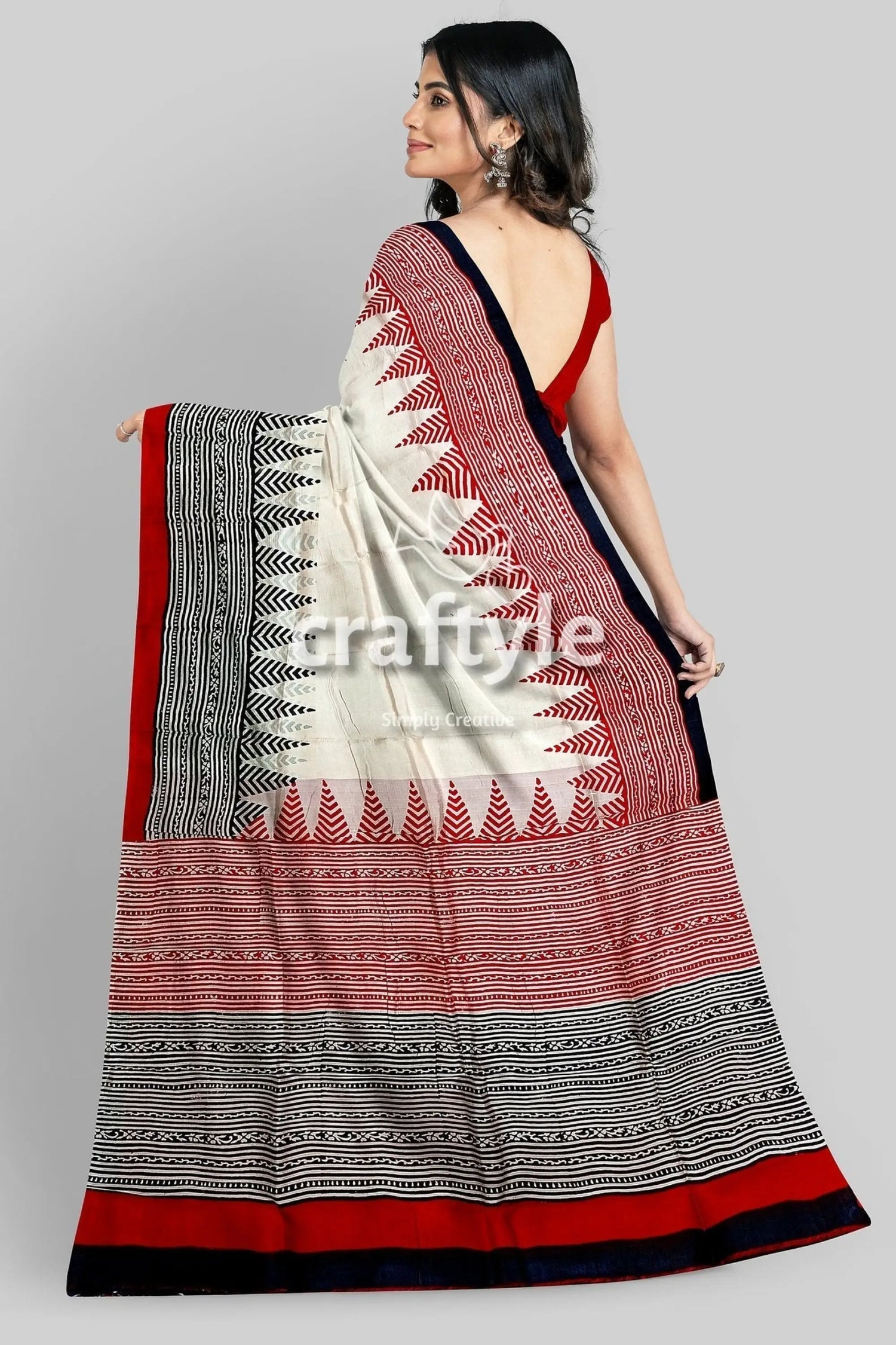 Crimson red white hand block printed mulberry pure silk saree woman patterned saree 6