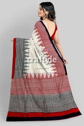 Crimson red white hand block printed mulberry pure silk saree woman patterned saree 6
