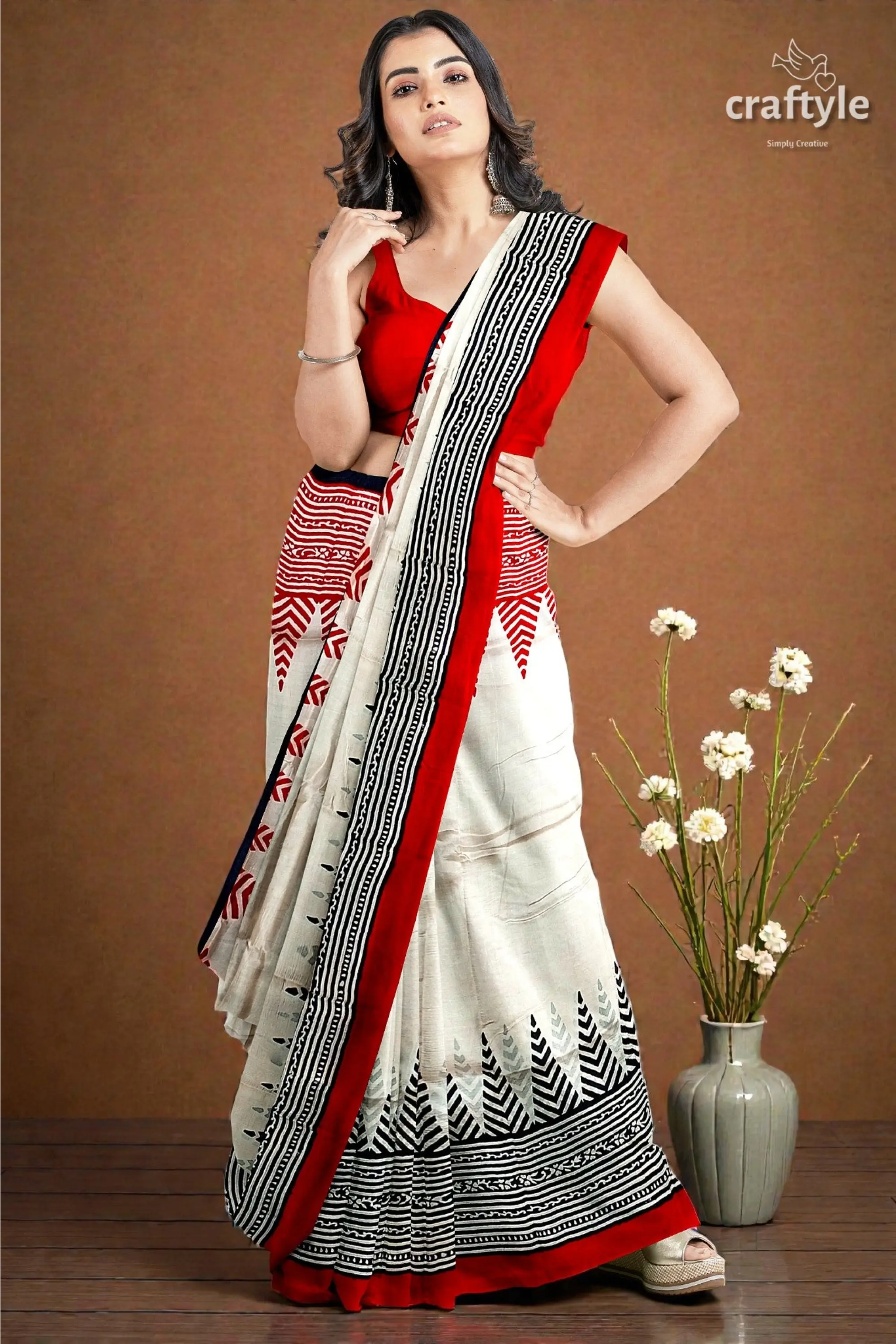 Crimson red white hand block printed mulberry pure silk saree 2