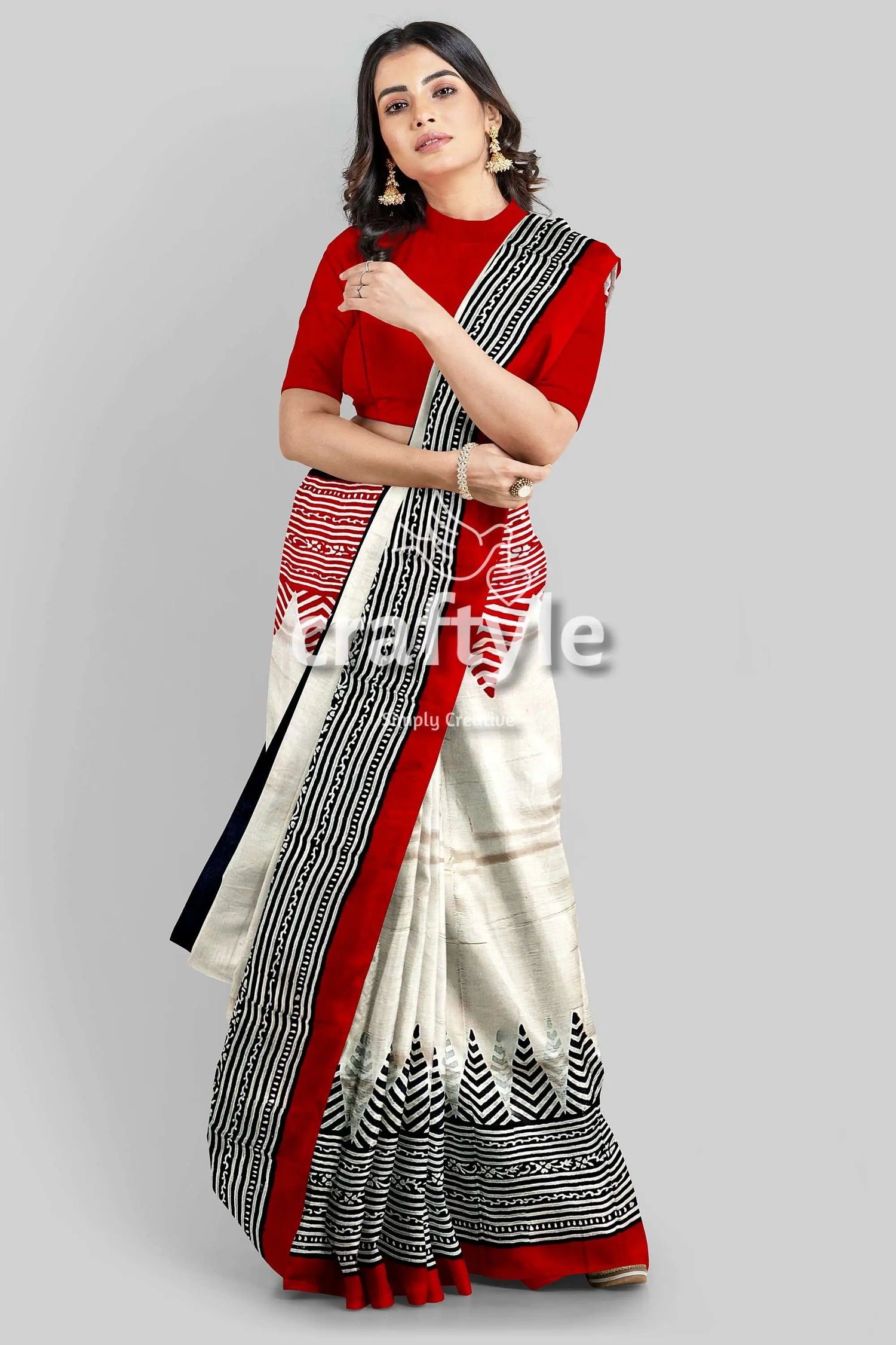 Crimson red white hand block printed mulberry pure silk saree woman red white saree 5