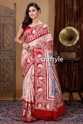 Crimson red & white ma durga motif hand batik pure mulberry silk saree red white patterned sari 1