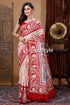 Crimson red & white ma durga motif hand batik pure mulberry silk saree red white patterned sari 1