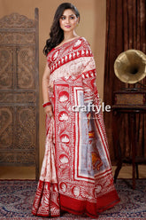 Crimson red & white ma durga motif hand batik pure mulberry silk saree red white patterned saree 5