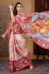 Crimson red & white ma durga motif hand batik pure mulberry silk saree red white patterned saree 3