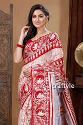 Crimson red & white ma durga motif hand batik pure mulberry silk saree red white patterned saree 2
