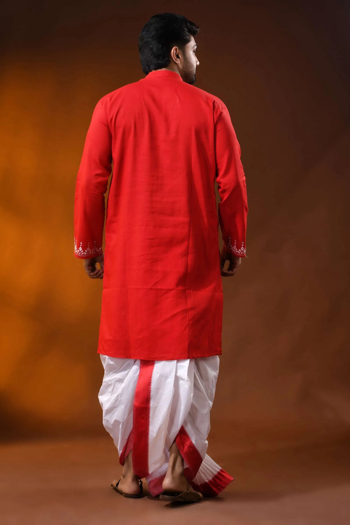 Crimson red white thread kantha stitch pure cotton kurta for men 5