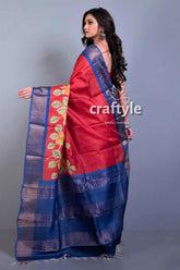 Crimson red zari pure tussar saree with hand painted design and blouse piece red blue floral saree 4