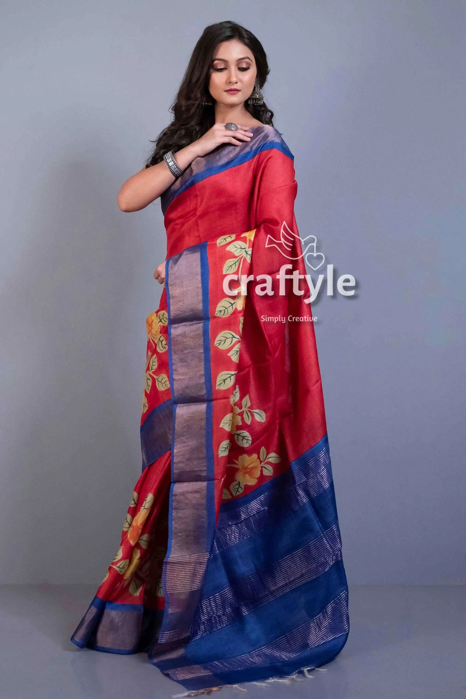 Crimson red zari pure tussar saree with hand painted design and blouse piece red saree floral pattern blue 3