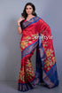 Crimson red zari pure tussar saree with hand painted design and blouse piece red saree floral print blue 1