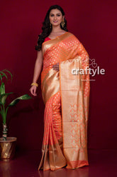 Crusta orange dual tone semi katan silk saree with blouse piece peach gold saree 1
