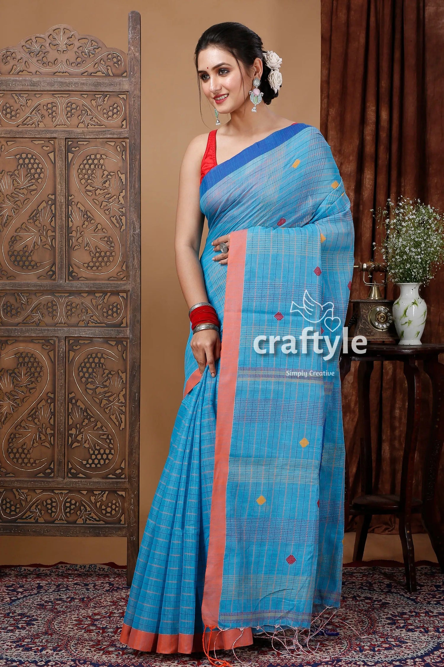 Curious blue handloom cotton saree with intricate stitch work - ethically made blue cotton saree orange border 3
