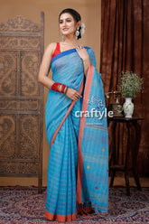 Curious blue handloom cotton saree with intricate stitch work - ethically made blue cotton saree orange border 4
