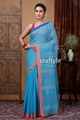 Curious blue handloom cotton saree with intricate stitch work - ethically made blue cotton saree orange border 1
