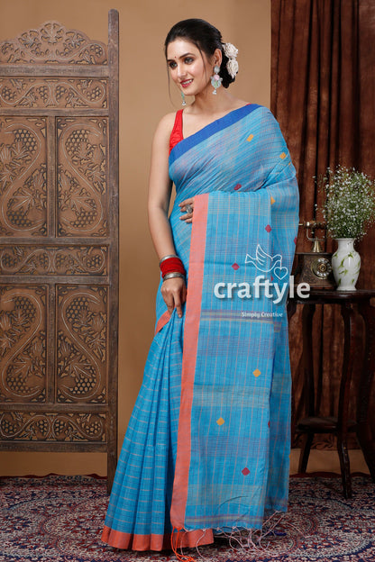 Curious Blue Handloom Cotton Saree with Intricate Stitch Work - Ethically Made-Craftyle