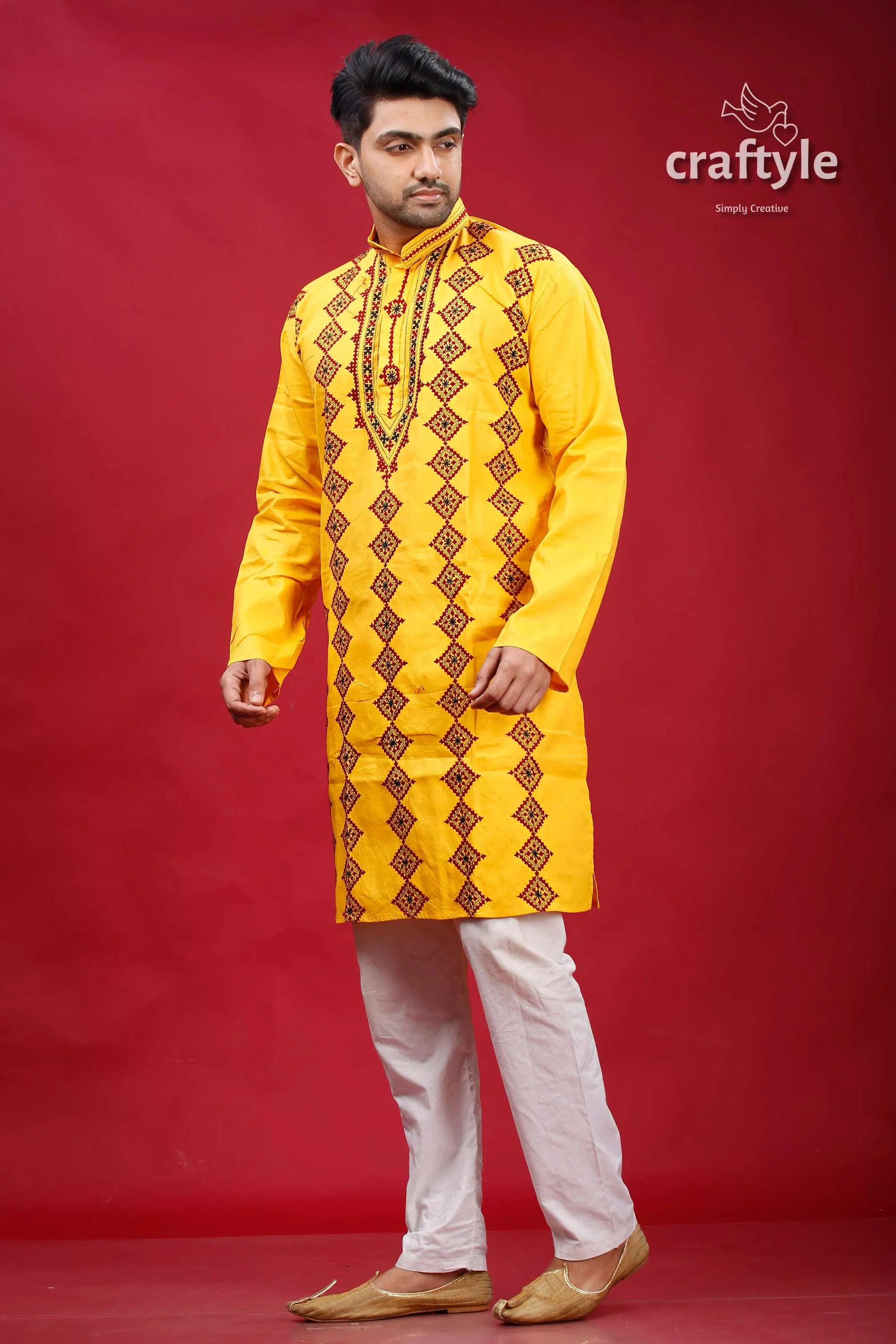 Cyber yellow gujrati stitched cotton mens kurta - kantha work yellow embroidered kurta white pants 3