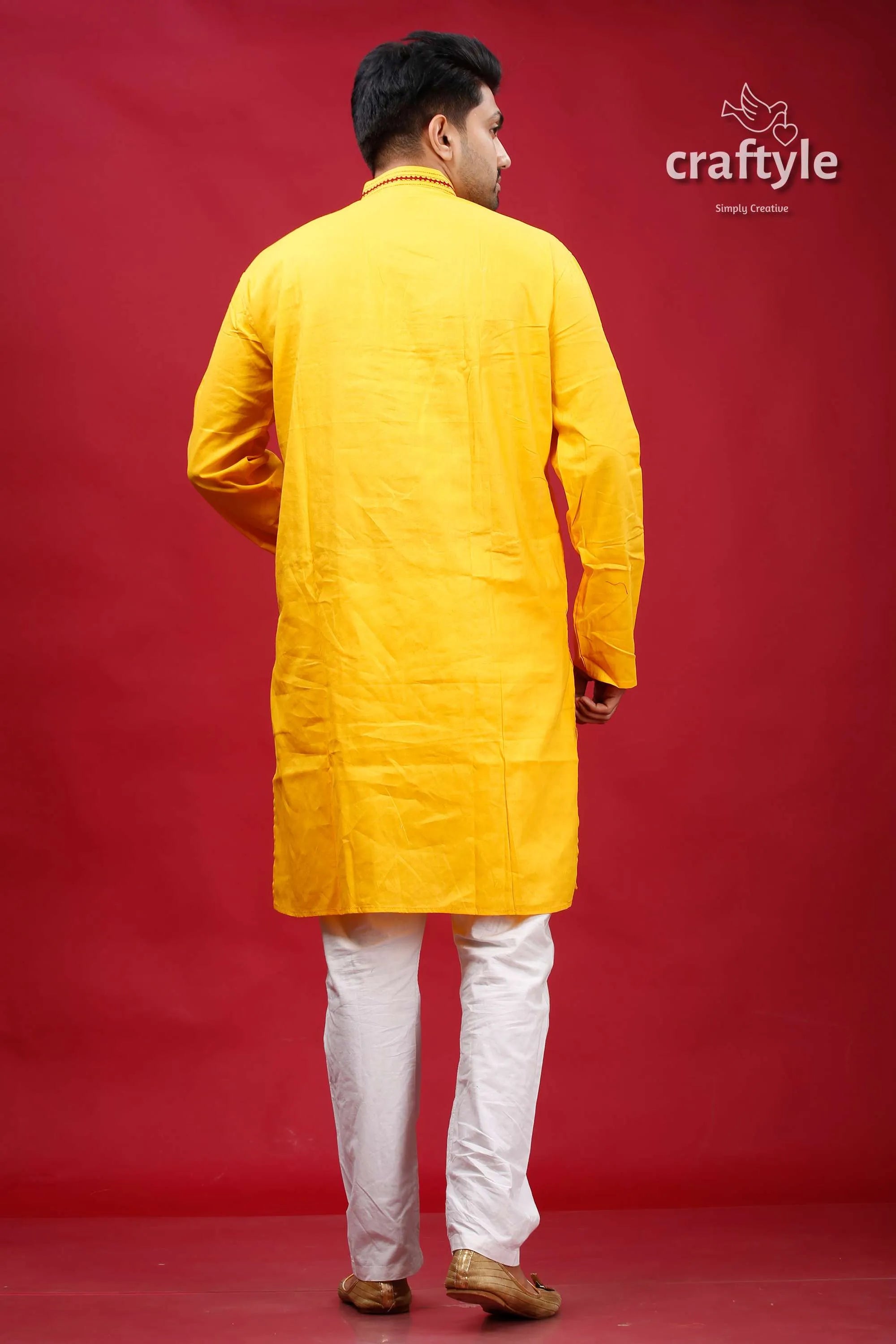 Cyber yellow gujrati stitched cotton mens kurta - kantha work man yellow kurta white pants 5