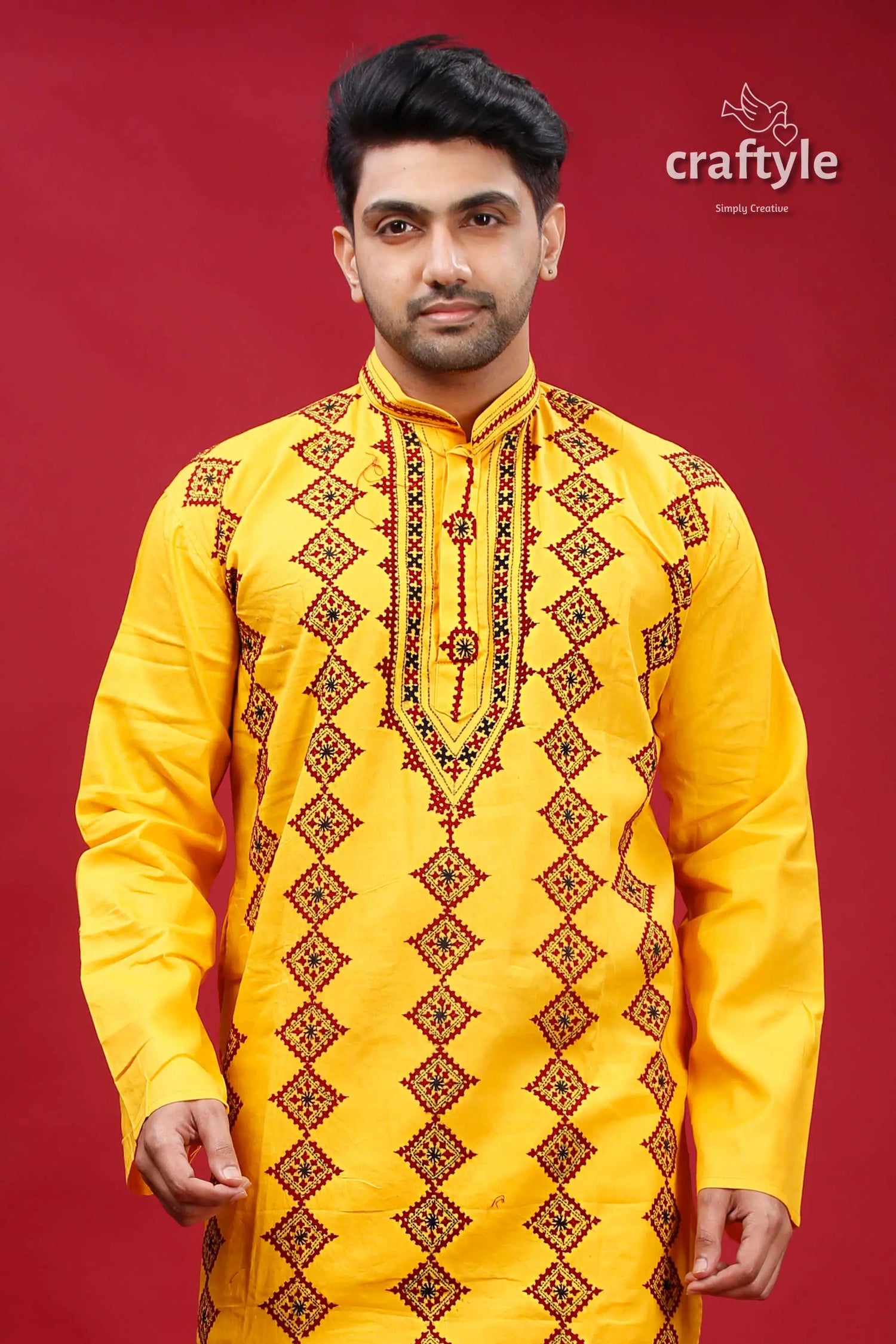 Cyber yellow gujrati stitched cotton mens kurta kantha work yellow embroidered kurta 2