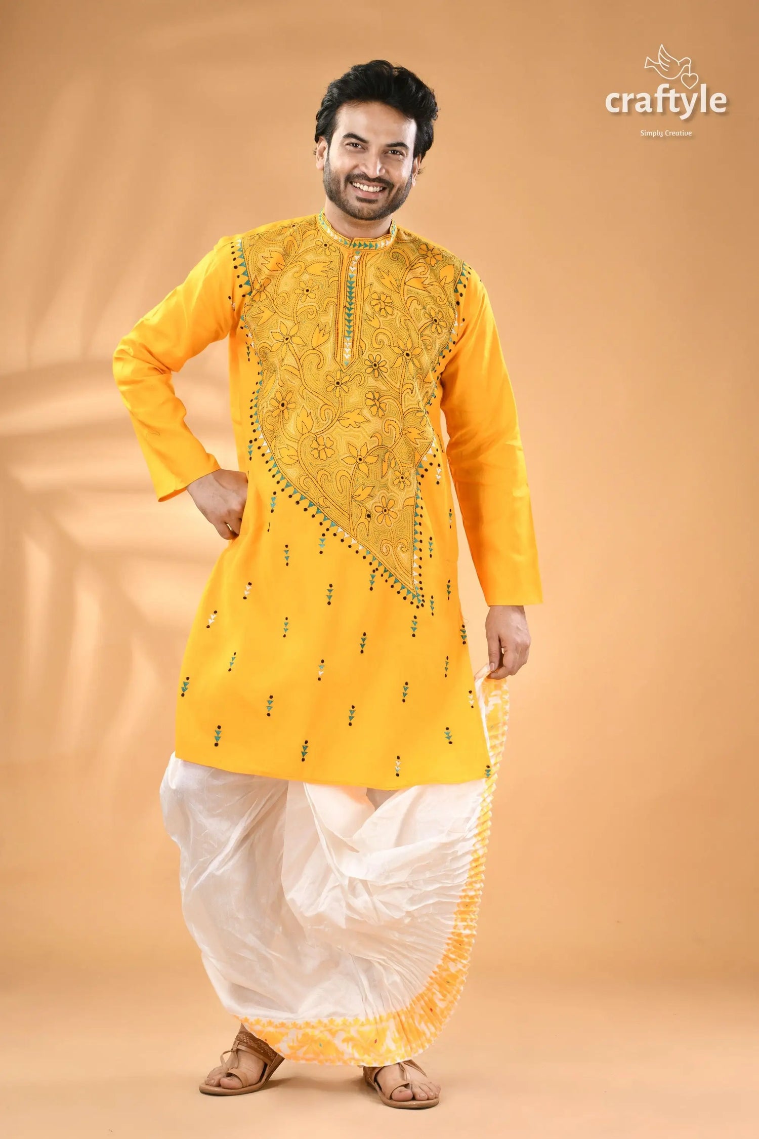 Cyber yellow hand kantha work cotton ethnic punjabi reverse stitch men’s yellow embroidered kurta white 1