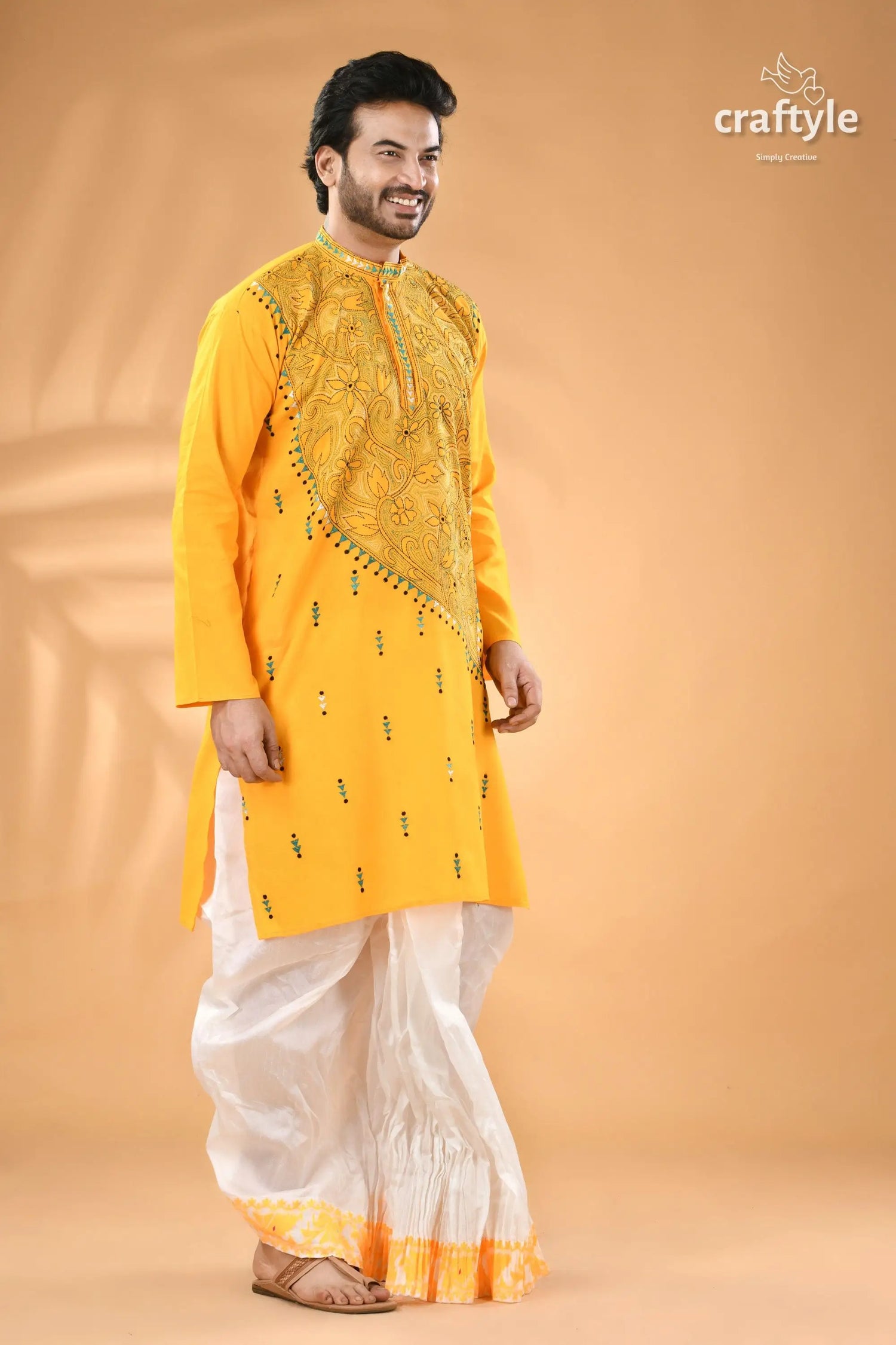 Cyber yellow hand kantha work cotton ethnic punjabi reverse stitch men’s yellow embroidered kurta white 3