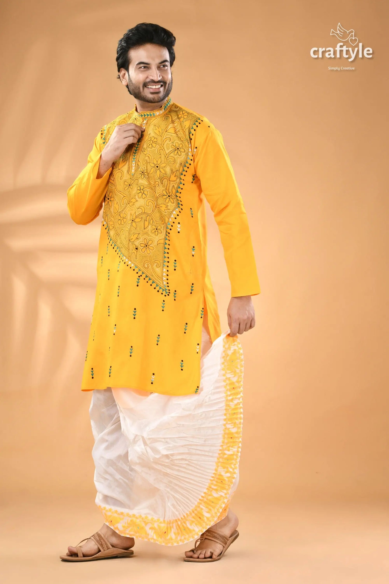 Cyber yellow hand kantha work cotton ethnic punjabi reverse stitch man yellow embroidered kurta white 4