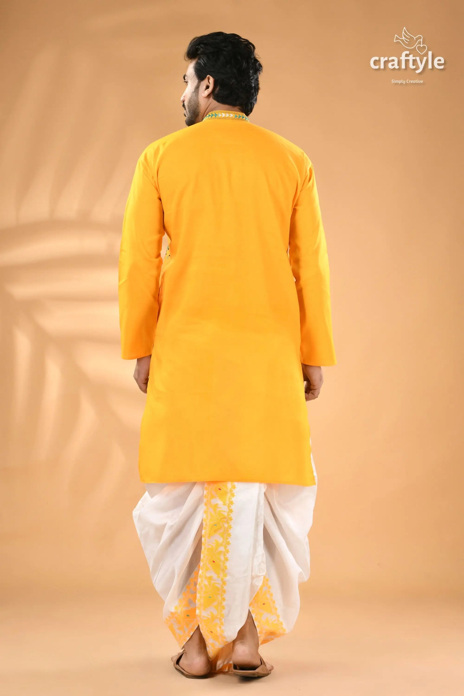 Cyber yellow hand kantha work cotton ethnic punjabi reverse stitch men’s bright yellow kurta white 6