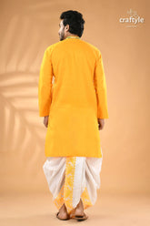 Cyber yellow hand kantha work cotton ethnic punjabi reverse stitch men’s bright yellow kurta white 6