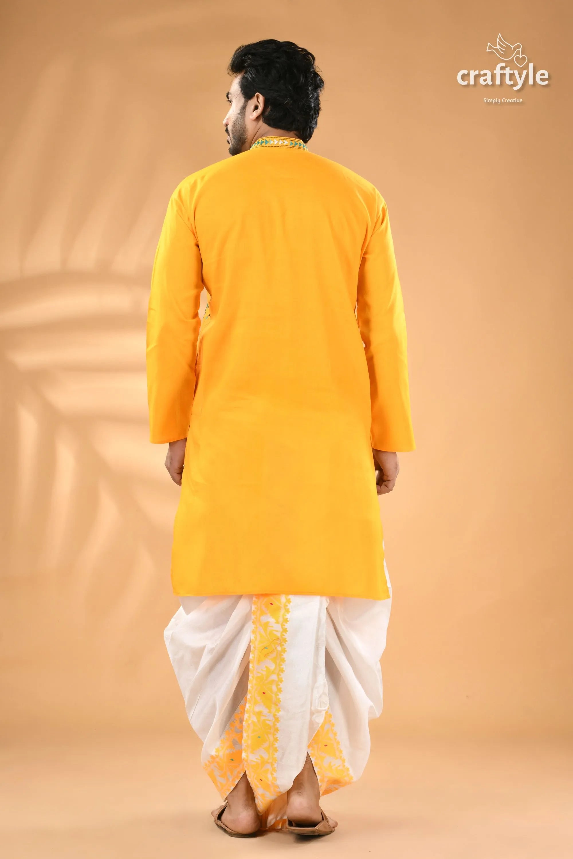 Cyber yellow hand kantha work cotton ethnic punjabi - reverse stitch men’s bright yellow kurta white 6