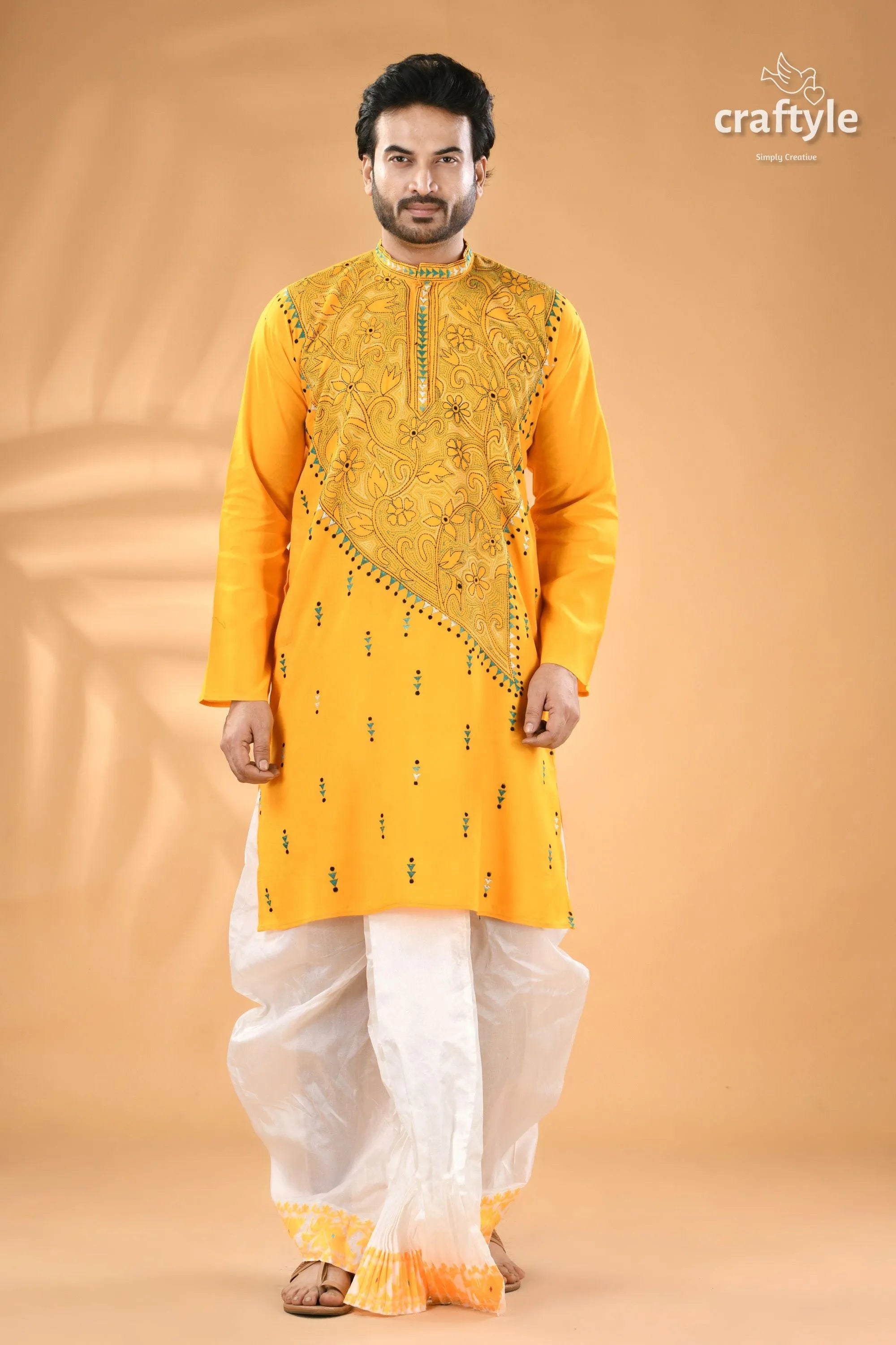 Cyber yellow hand kantha work cotton ethnic punjabi - reverse stitch men’s yellow embroidered kurta white 5