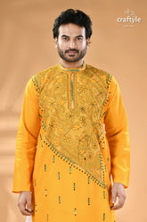 Cyber yellow hand kantha work cotton ethnic punjabi reverse stitch men’s yellow embroidered kurta 2